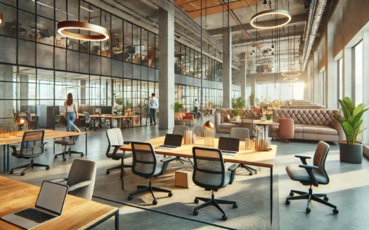 Un espace de bureau moderne et flexible avec une combinaison de zones de coworking ouvertes, de bureaux privés et de salles de réunion, présentant des meubles contemporains, un éclairage naturel et une atmosphère professionnelle et collaborative.