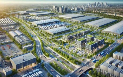 Hub industriel et commercial animé à Villefranche-sur-Saône avec entrepôts modernes, bureaux et bâtiments commerciaux, routes et verdure, reflétant une ambiance dynamique avec des personnes, des véhicules et des activités.